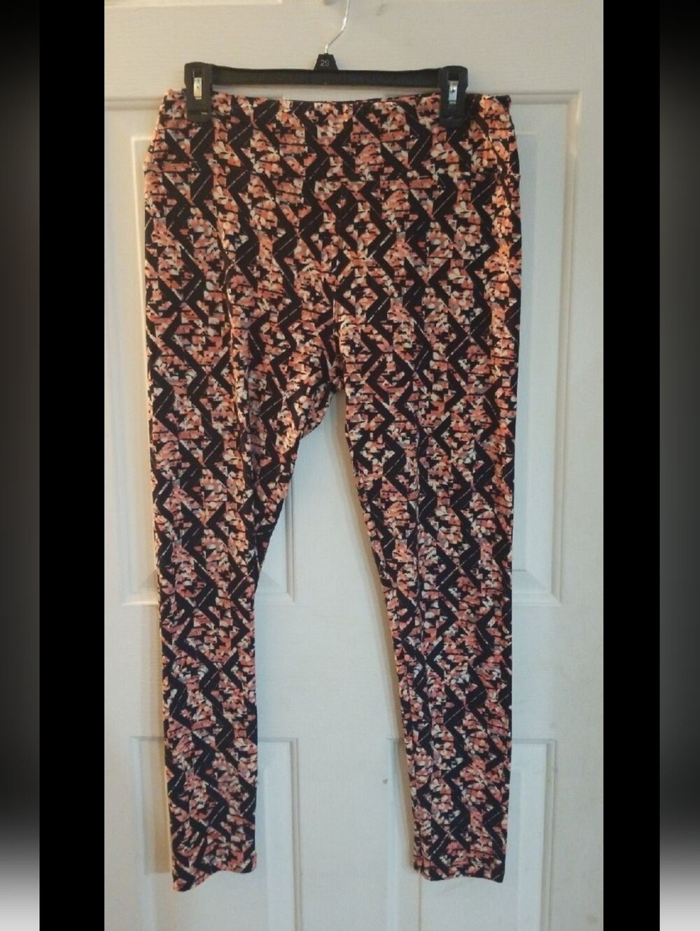 LuLaRoe Black Leggings with Peach Floral Geometric Print
